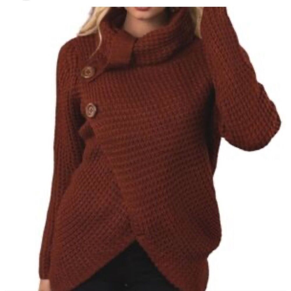 Zenana Outfitters Women’s L Sweater Red/Brown Asymmetrical Cowl Neck Chunky Ribb